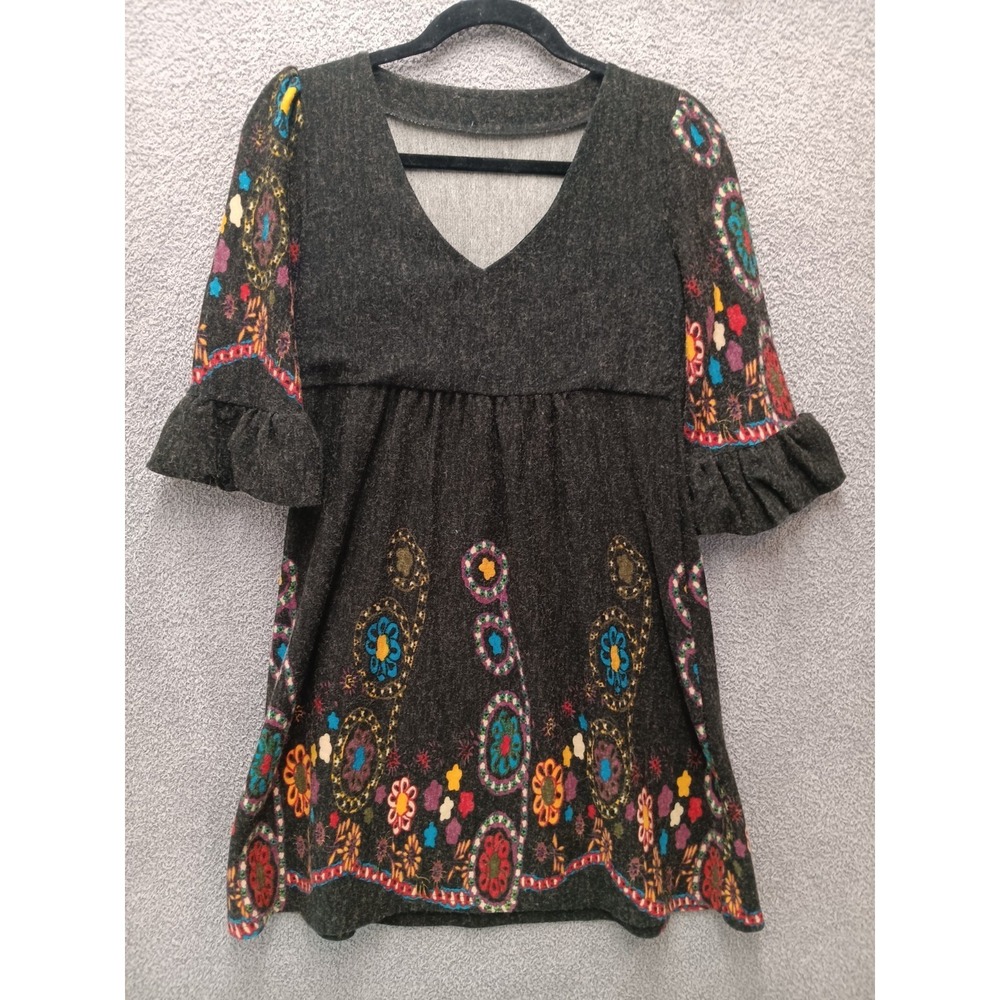 Boho Folk Print Mini Dress Floral Festival Cottagecore V Neck XS Artsy